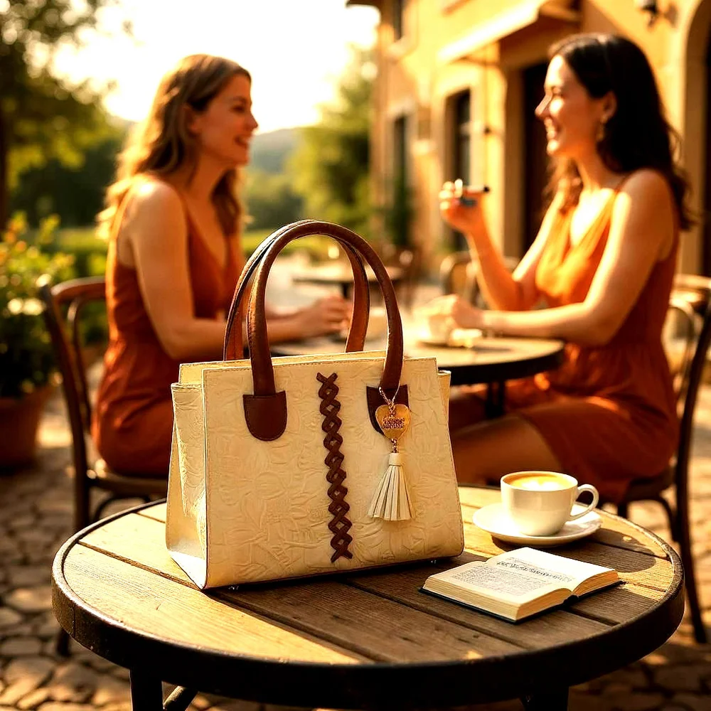 Floral White & Brown Cross Stitch Embossed Tooled Artisan LEATHER Bag Purse Tote